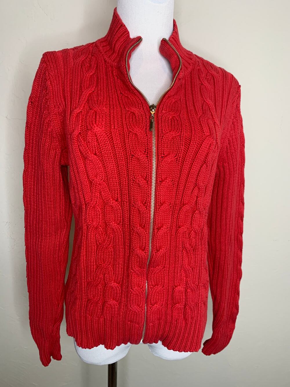 Vintage Cotton Evan Picone Red Cable Knit Cardigan Sz Small